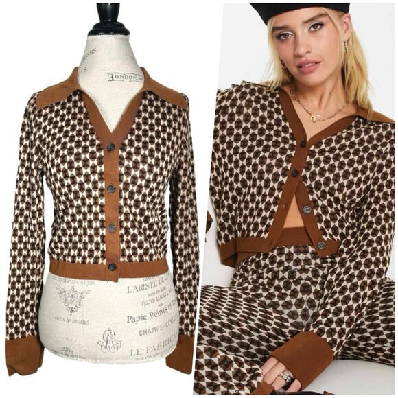 & Other Stories | Women | Brown Jacquard Wool Blend Crop Knit Cardigan | Medium - Picture 1 of 13